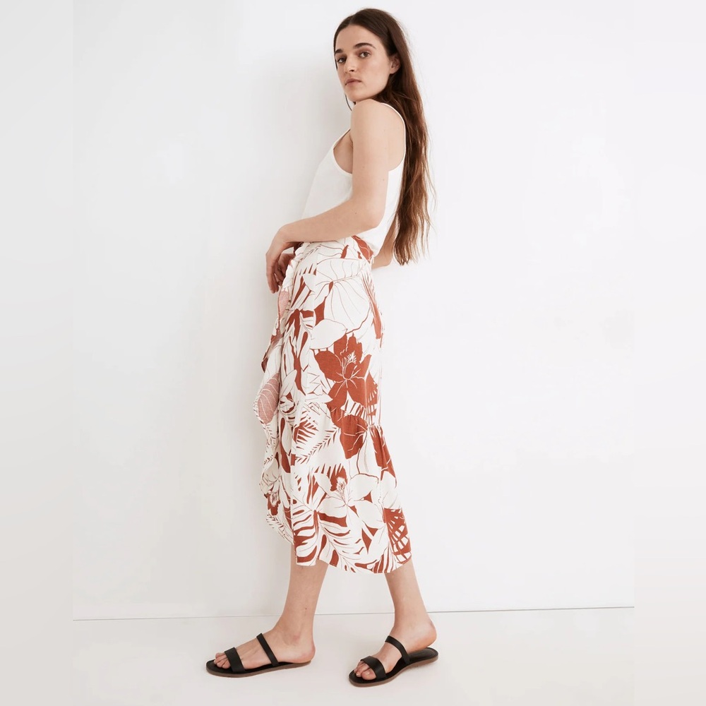 Madewell Linen-Blend Ruffle-Wrap Midi Skirt in Tropical Vacation Size:8 - Picture 3 of 11